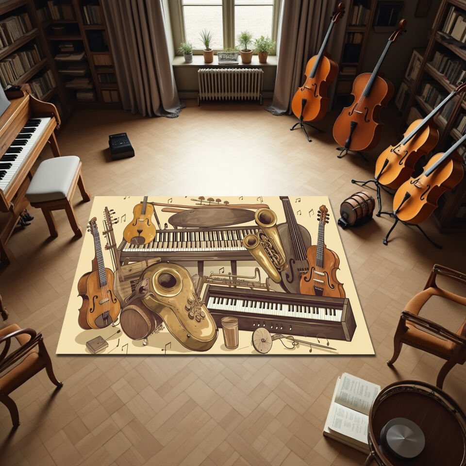 Vintage Music Instruments Rug – Artistic Orchestra Carpet for Music Lovers