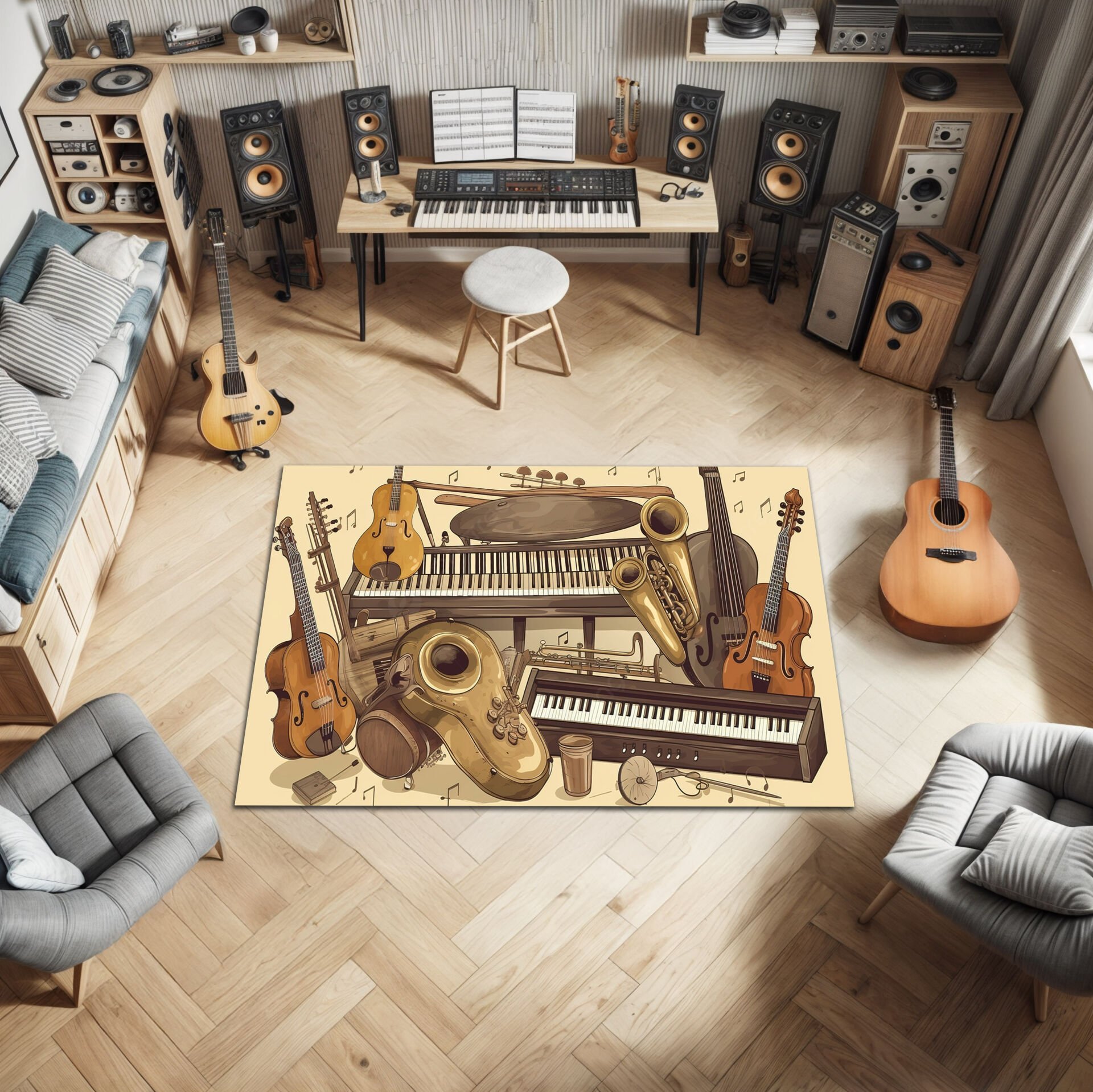 Vintage Music Instruments Rug – Artistic Orchestra Carpet for Music Lovers