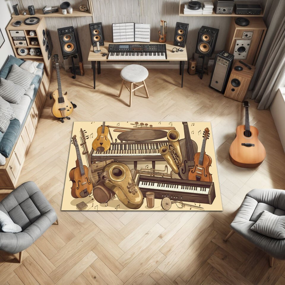 Vintage Music Instruments Rug – Artistic Orchestra Carpet for Music Lovers