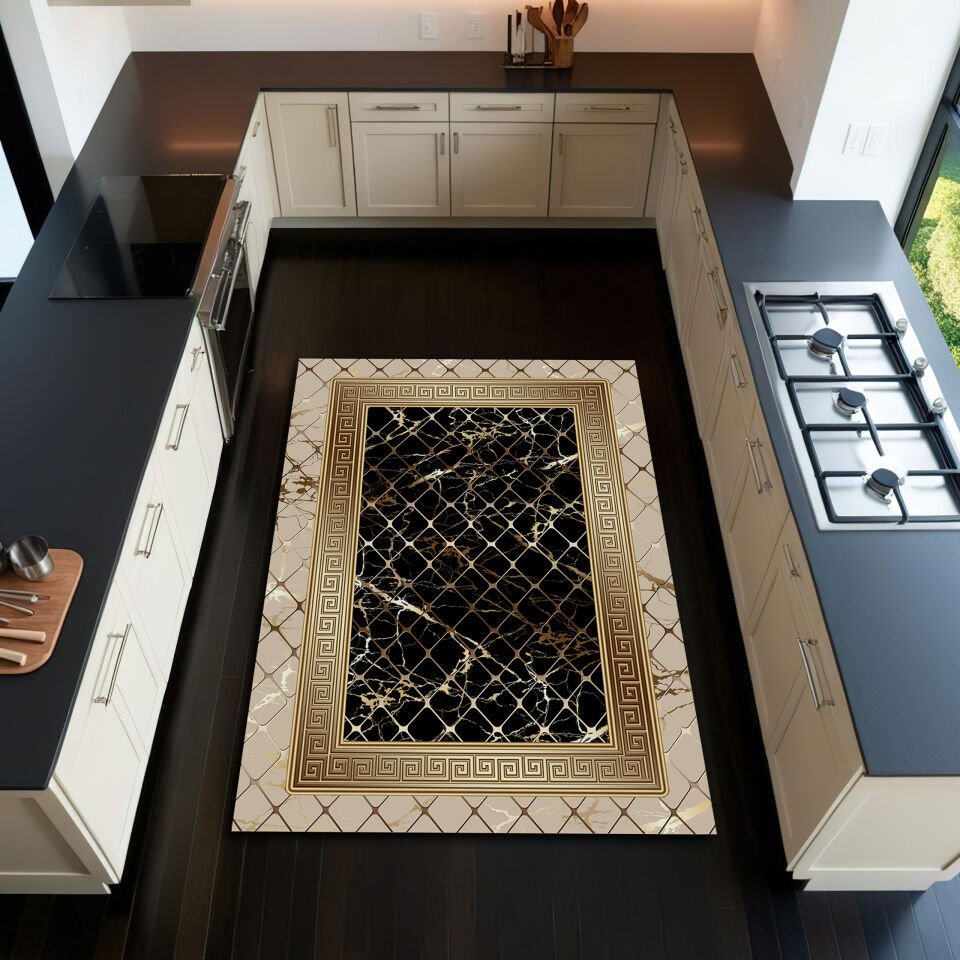 Luxury Marble Kitchen Rug – Black and Gold Elegant Floor Mat