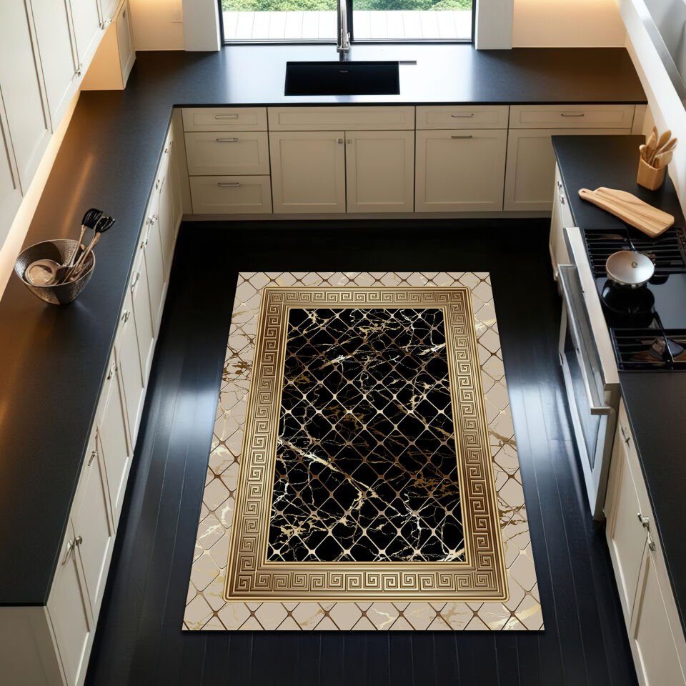 Luxury Marble Kitchen Rug – Black and Gold Elegant Floor Mat
