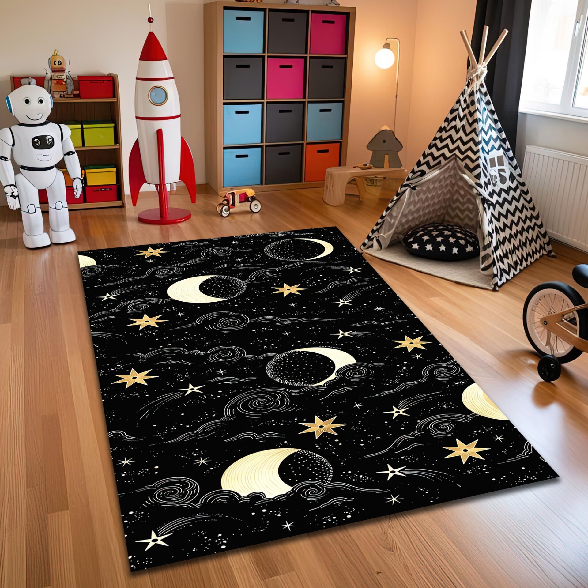 Celestial Night Sky Kids Rug – Stars & Moon Themed Carpet for Children