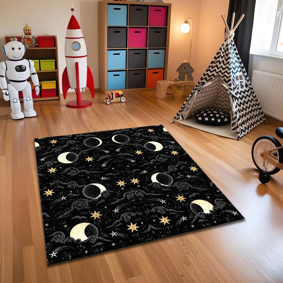 Celestial Night Sky Kids Rug – Stars & Moon Themed Carpet for Children