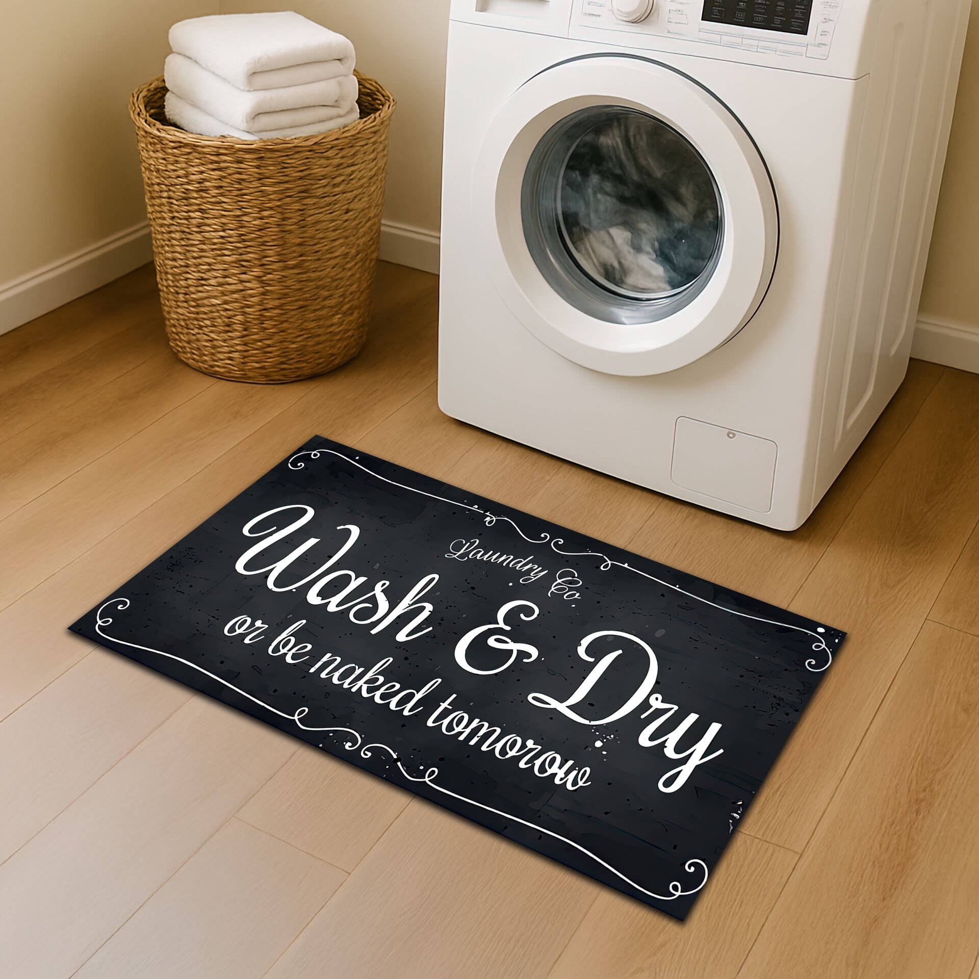 Funny Laundry Room Rug “Wash & Dry or Be Naked Tomorrow” Mat