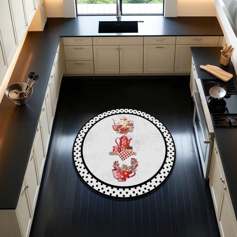 Vintage Red Tea Set Round Kitchen Rug – Polka Dot Border
