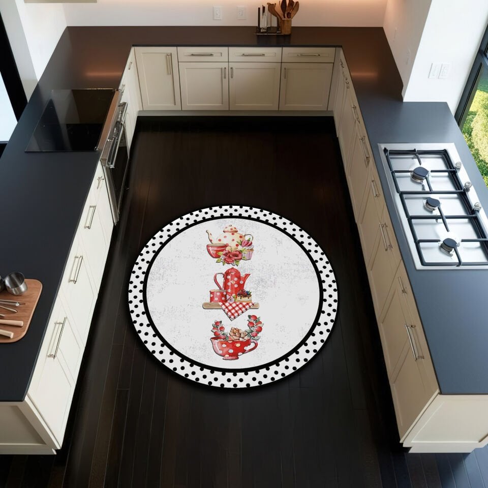 Vintage Red Tea Set Round Kitchen Rug – Polka Dot Border