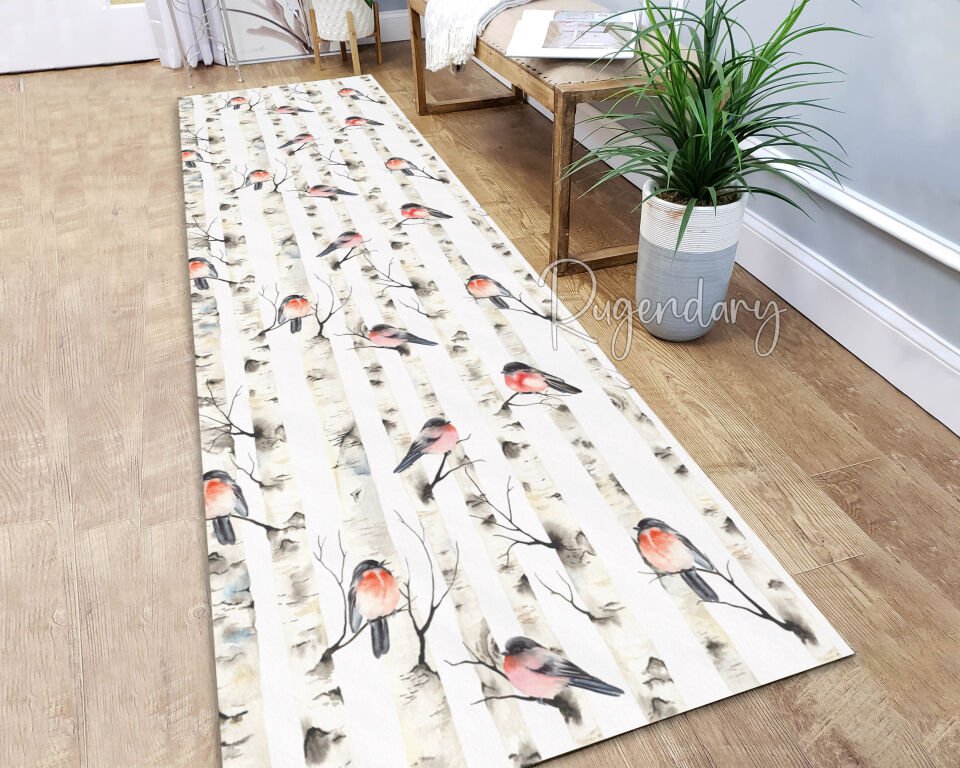 Bird Pattern Runner Rug – Nature Inspired Long Carpet with Tree and Red Bird Design