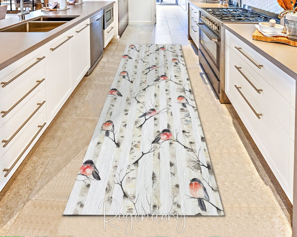 Bird Pattern Runner Rug – Nature Inspired Long Carpet with Tree and Red Bird Design