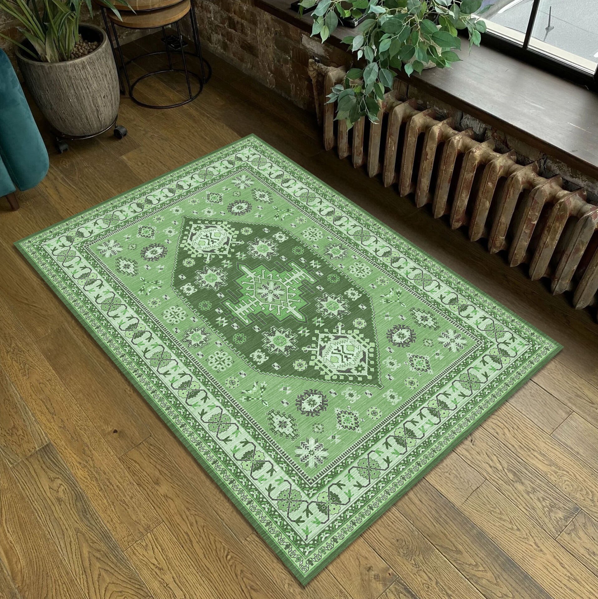 Ethnic Patterned Boho Style Decorative Rug in Green Tones