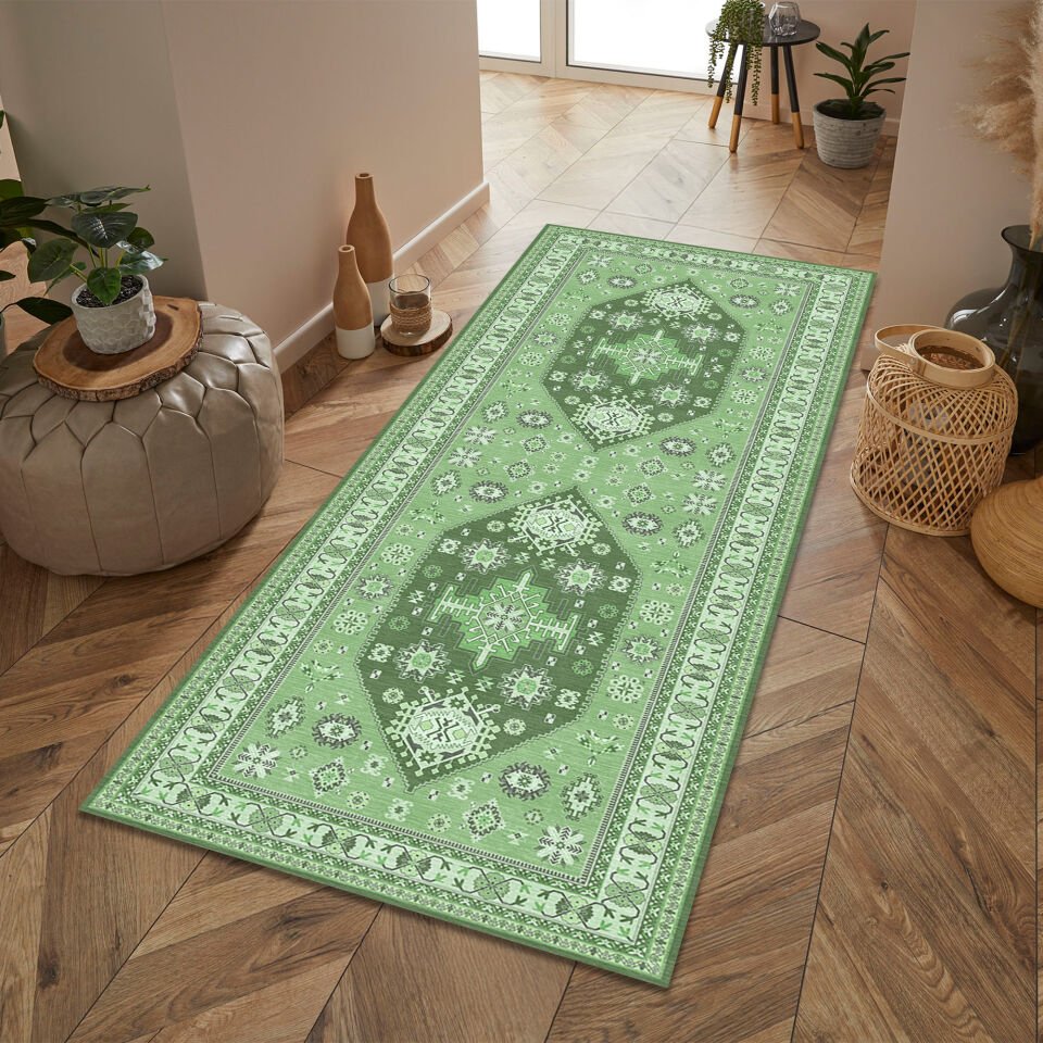 Ethnic Patterned Boho Style Decorative Rug in Green Tones
