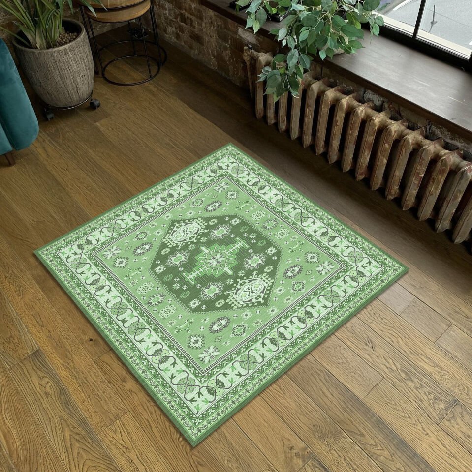 Ethnic Patterned Boho Style Decorative Rug in Green Tones