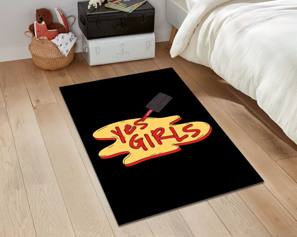 Yes Girls Rug Pop Art Carpet Nail Polish Lettering Floor Mat Bold Graphic Style Home Decor