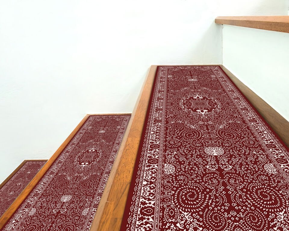Elegant Burgundy Persian-Style Stair Treads – Classic Ornate Step Mats