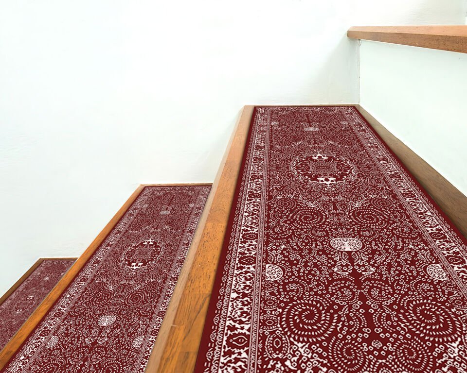 Elegant Burgundy Persian-Style Stair Treads – Classic Ornate Step Mats