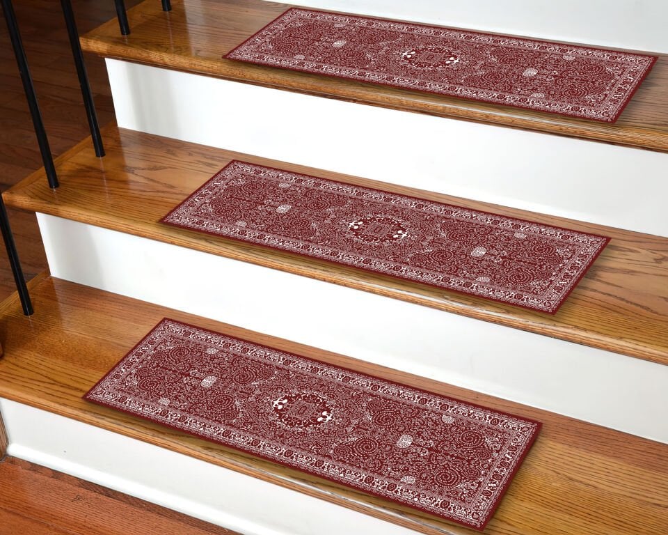 Elegant Burgundy Persian-Style Stair Treads – Classic Ornate Step Mats