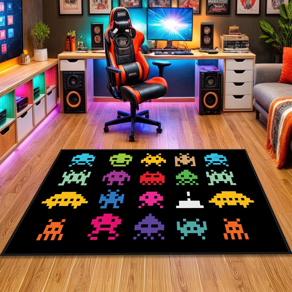 Pixel Invaders Gaming Rug – Colorful Retro Arcade Carpet for Gamers, Perfect for Game Rooms and Entertainment Spaces