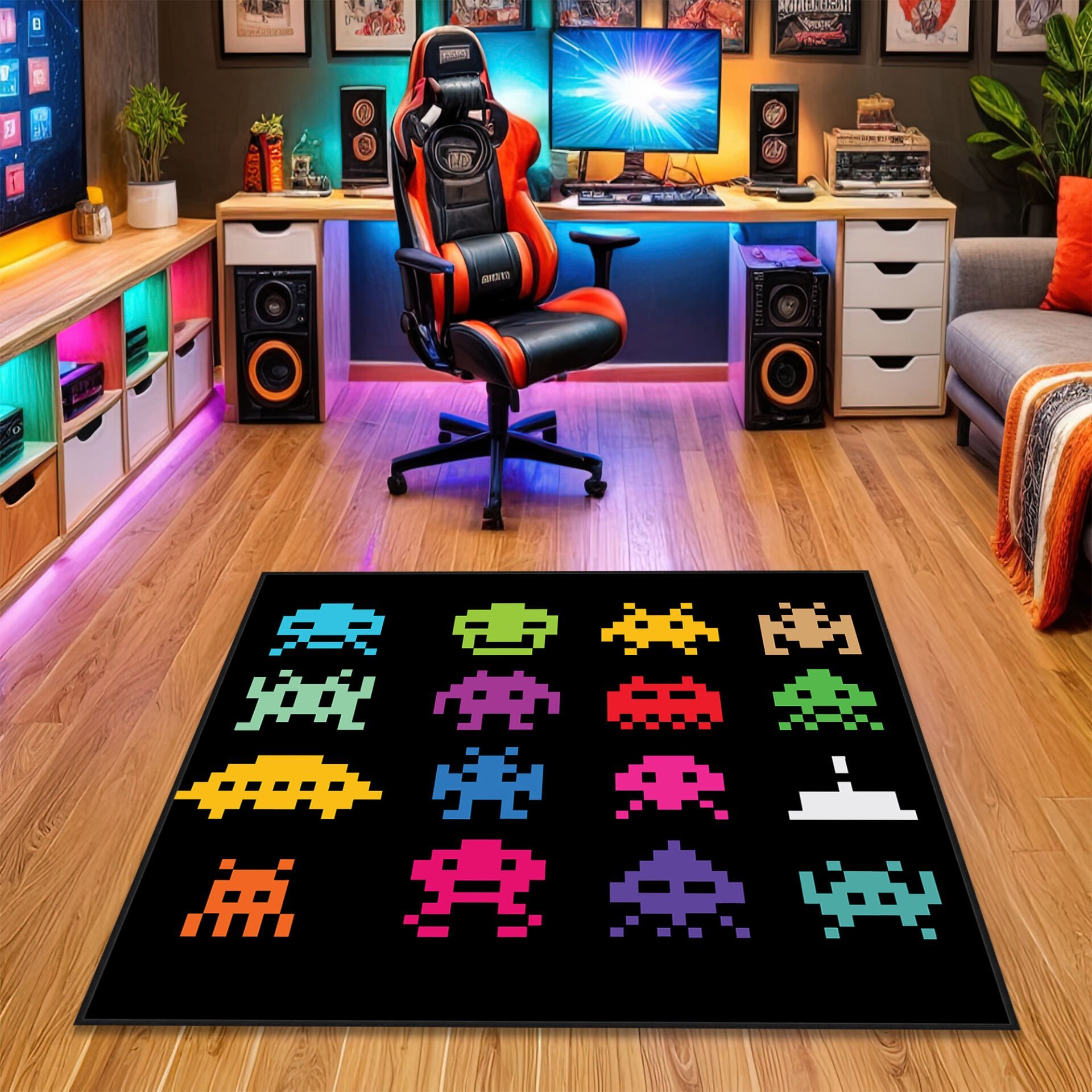 Pixel Invaders Gaming Rug – Colorful Retro Arcade Carpet for Gamers, Perfect for Game Rooms and Entertainment Spaces