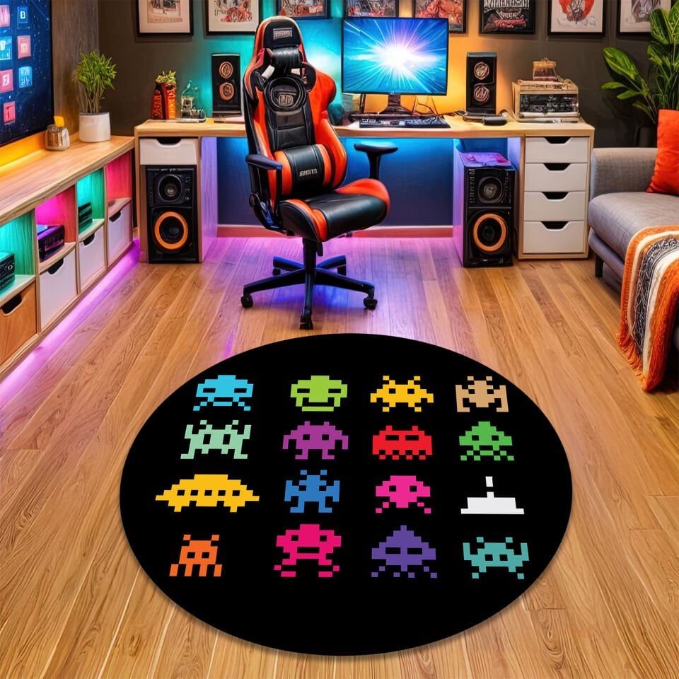 Pixel Invaders Gaming Rug – Colorful Retro Arcade Carpet for Gamers, Perfect for Game Rooms and Entertainment Spaces