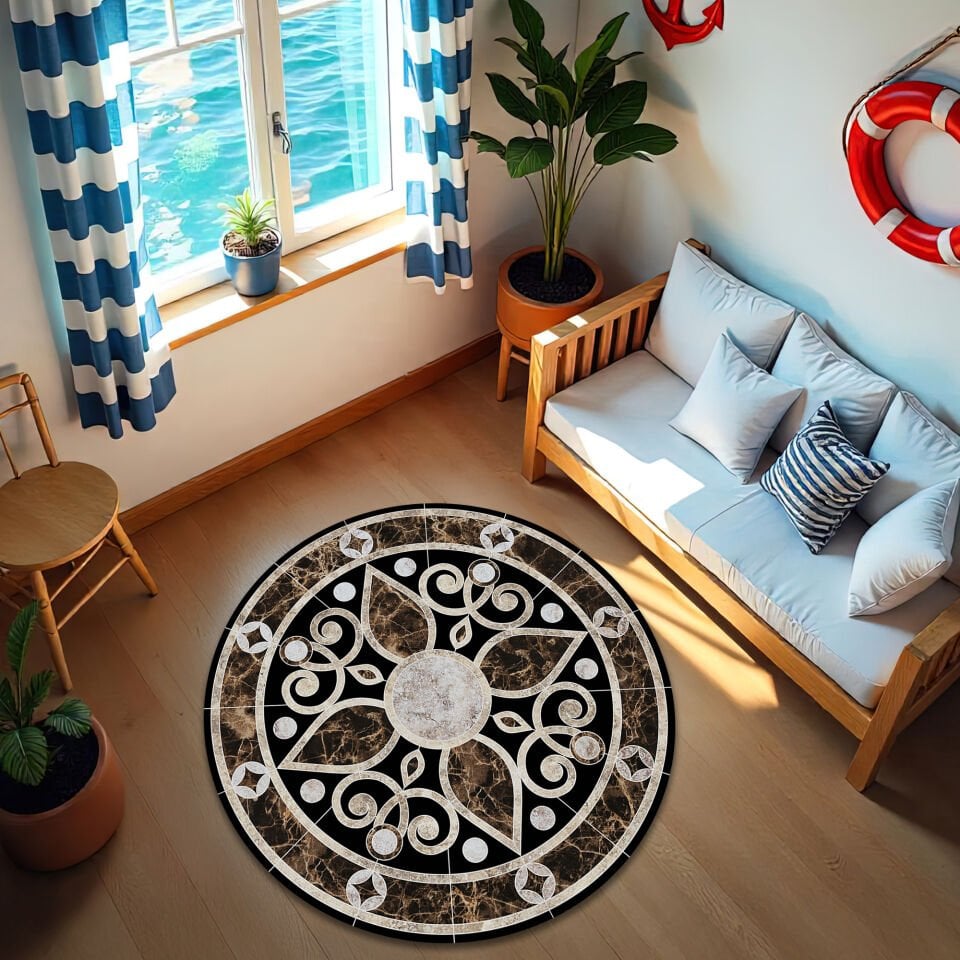 Brown Marble Medallion Round Rug