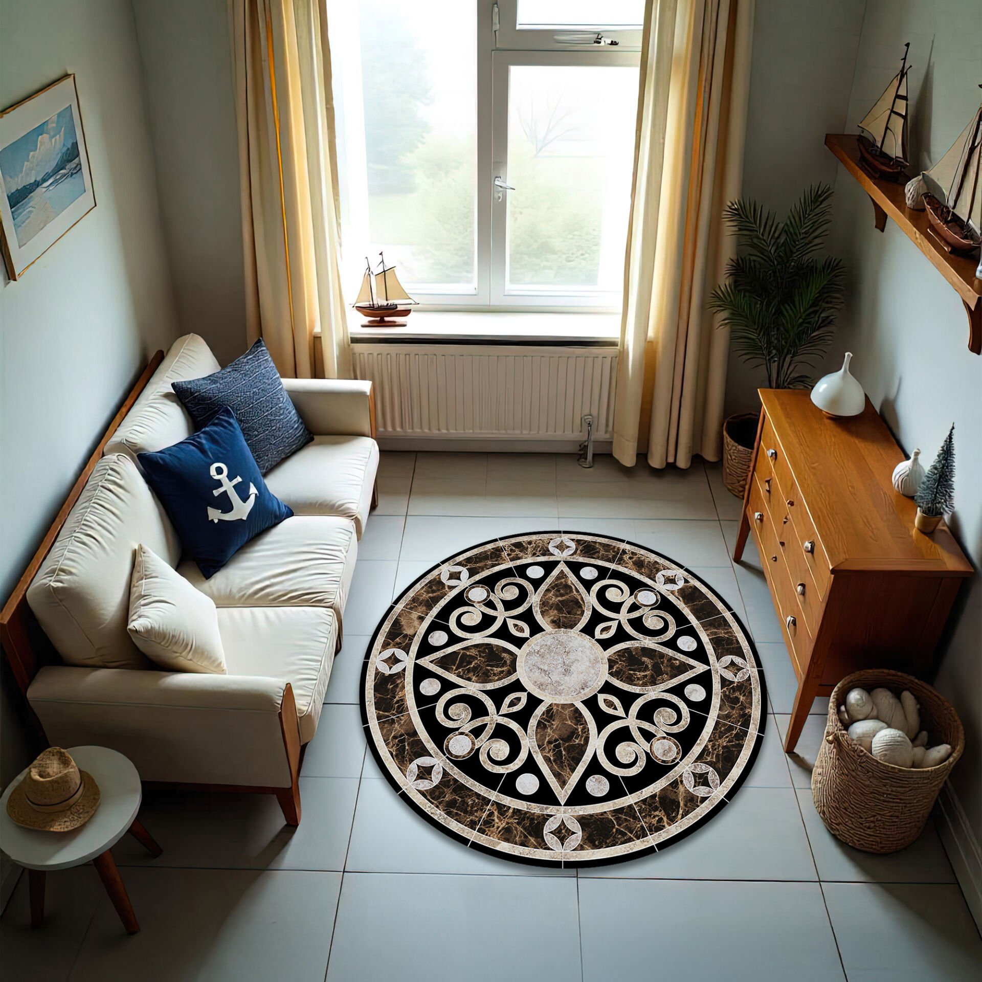 Brown Marble Medallion Round Rug
