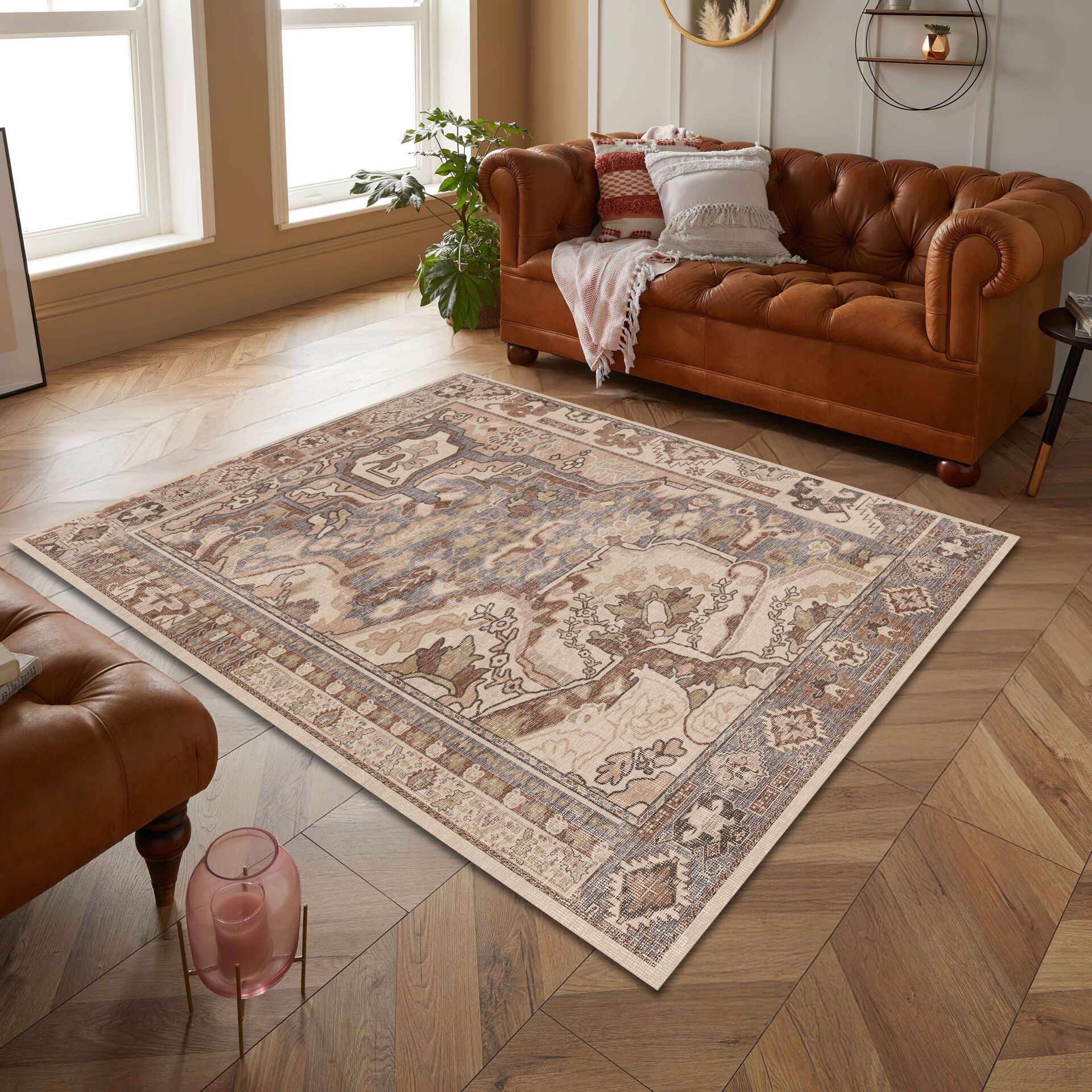 Beige Brown Oriental Rug Classic Pattern Decorative Carpet