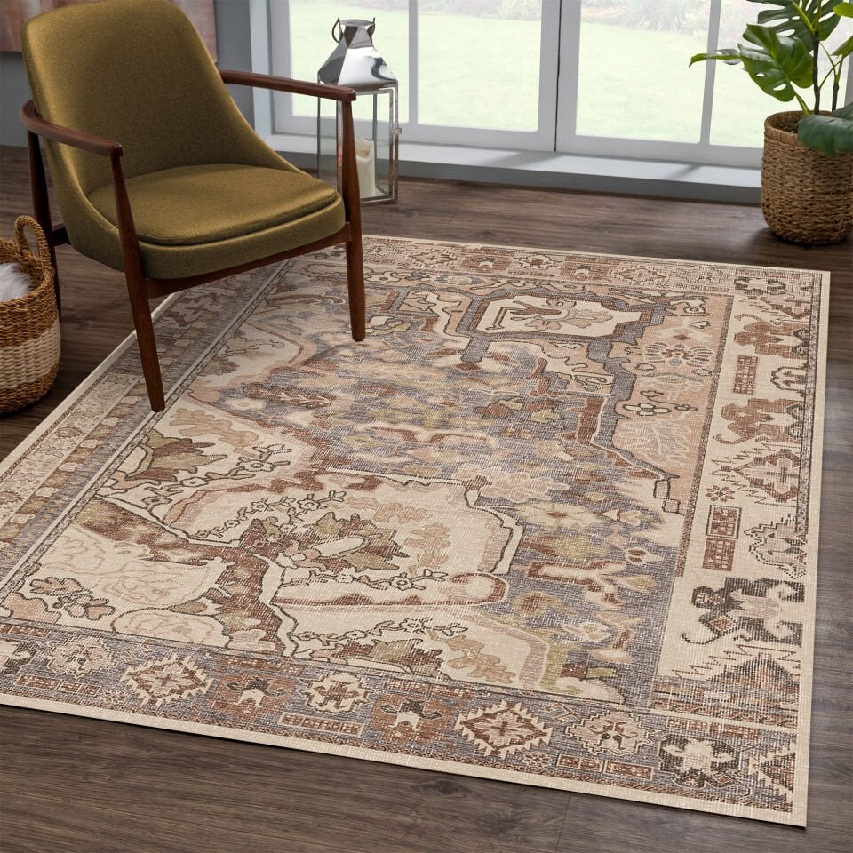 Beige Brown Oriental Rug Classic Pattern Decorative Carpet
