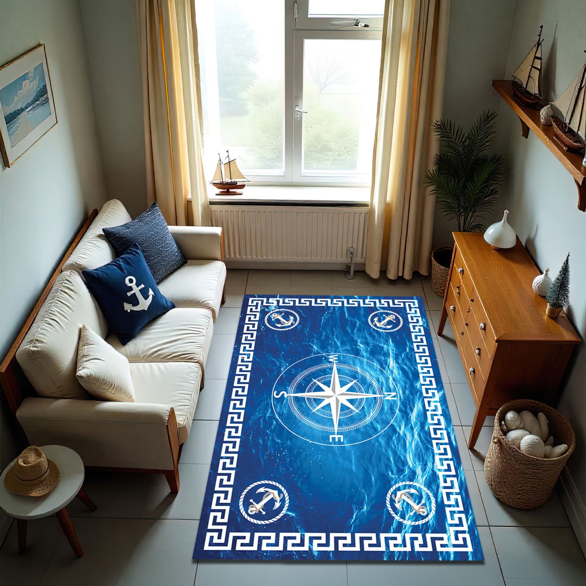 Nautical Compass Rug – Blue Ocean Anchor Design