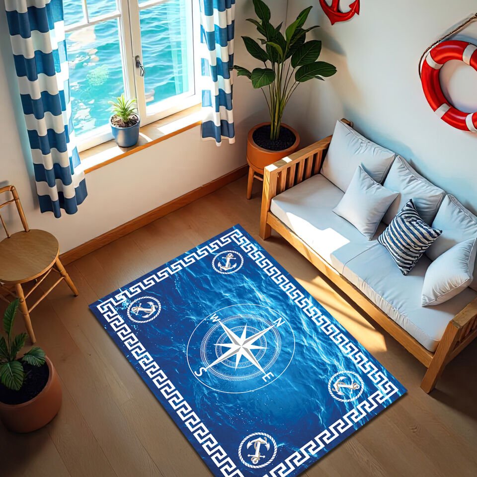 Nautical Compass Rug – Blue Ocean Anchor Design