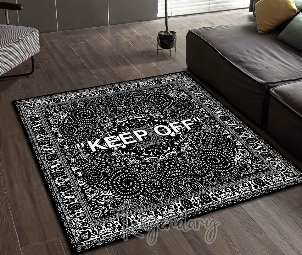 Bold ''KEEP OFF'' Square Rug – Modern Black & White Statement Carpet