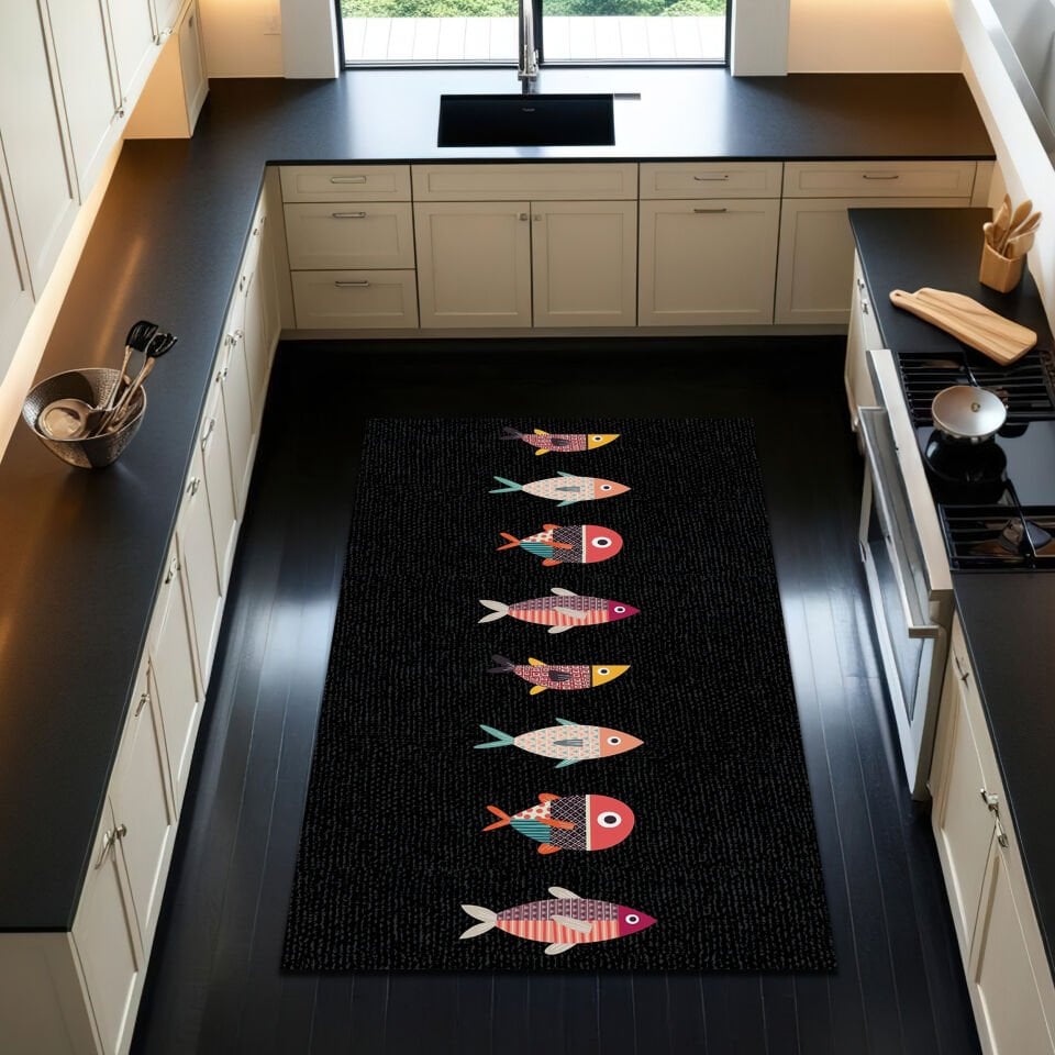 Fishes Pattern Black Kitchen Rug – Modern, Non-Slip & Easy-to-Clean Kitchen Mat