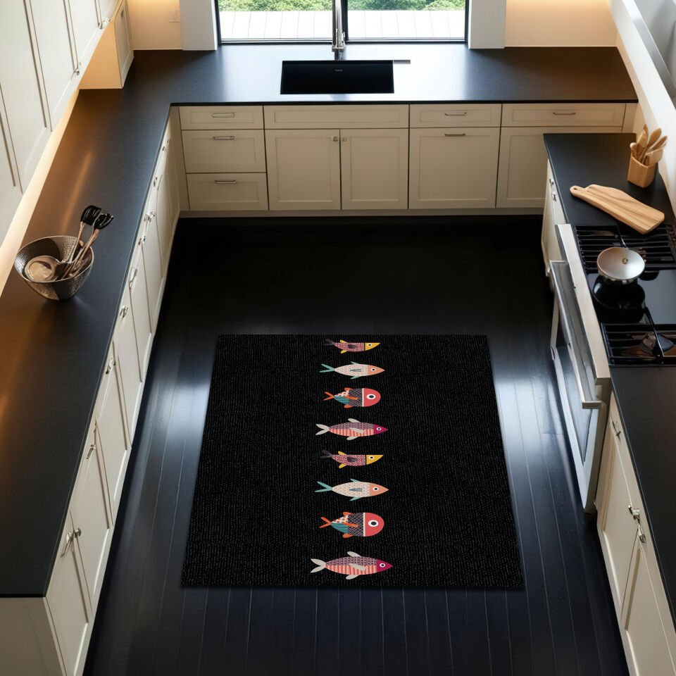 Fishes Pattern Black Kitchen Rug – Modern, Non-Slip & Easy-to-Clean Kitchen Mat