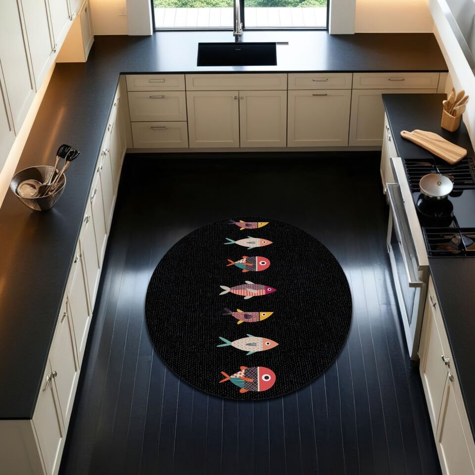 Fishes Pattern Black Kitchen Rug – Modern, Non-Slip & Easy-to-Clean Kitchen Mat