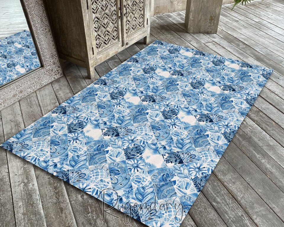 Blue Patchwork Tile-Inspired Area Rug – Bohemian Coastal Vibes