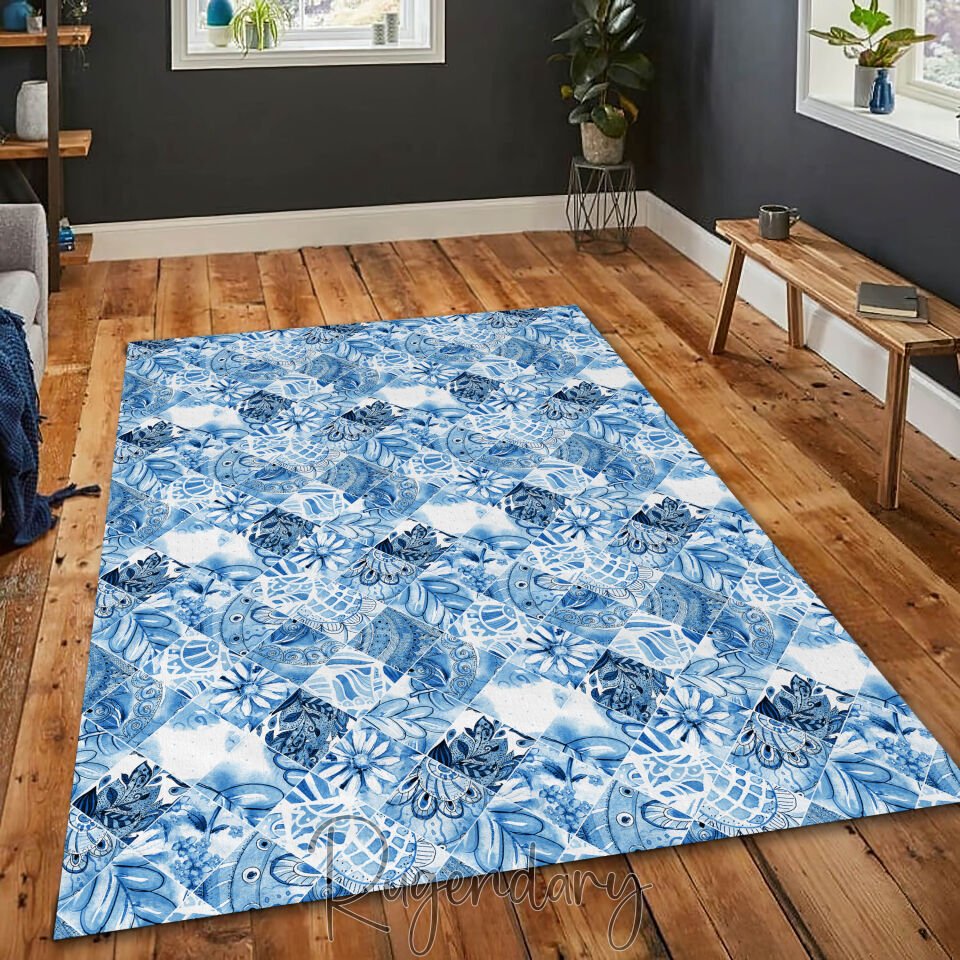 Blue Patchwork Tile-Inspired Area Rug – Bohemian Coastal Vibes