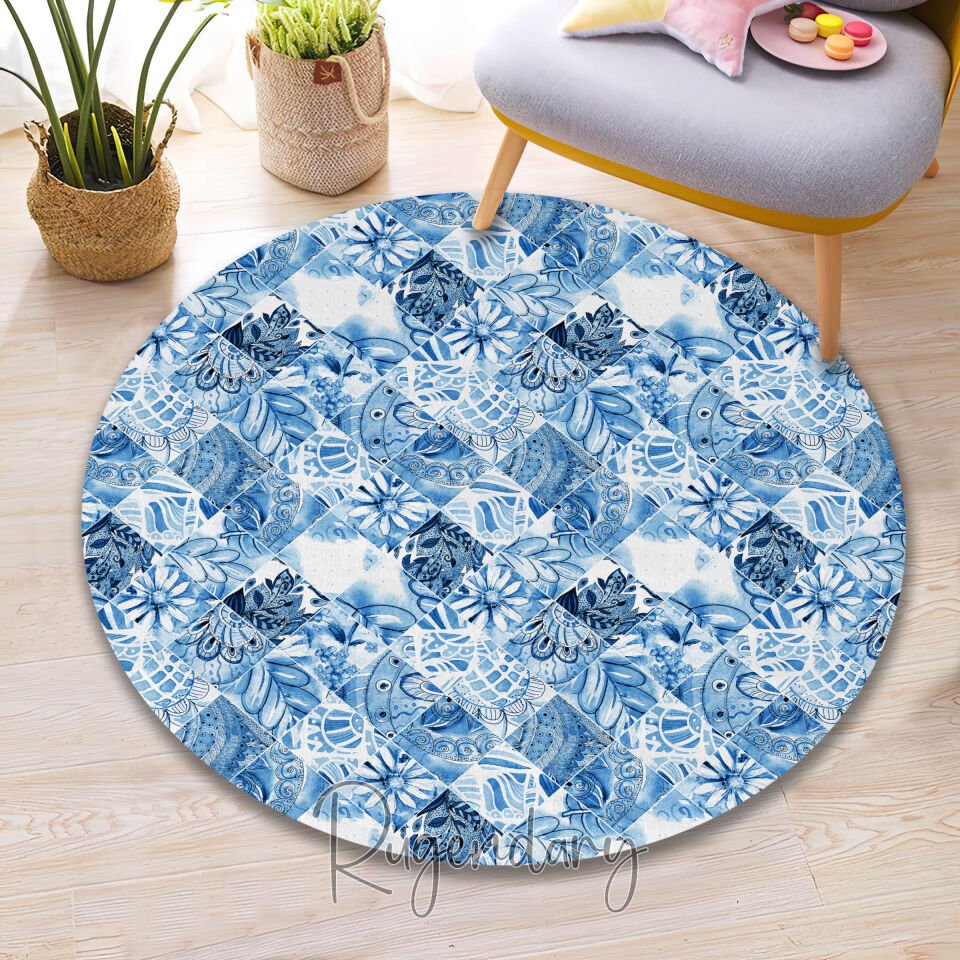 Blue Patchwork Tile-Inspired Area Rug – Bohemian Coastal Vibes