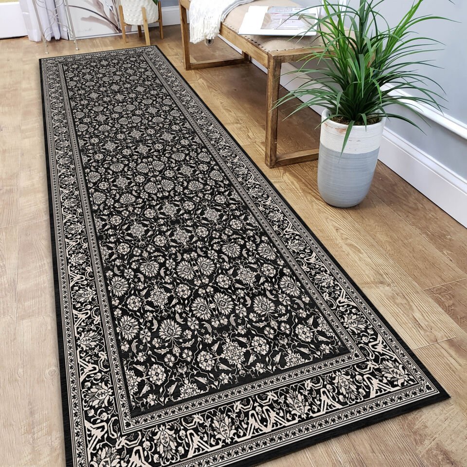 Decorative Black Pattern Kitchen Runner Rug with Detailed Border Design