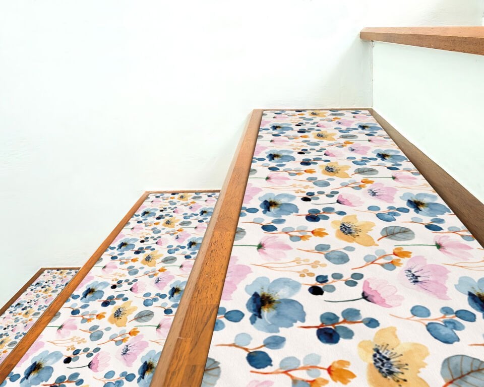Soft Watercolor Floral Stair Treads – Pastel Garden-Inspired Stair Mats for Elegant Home Decor