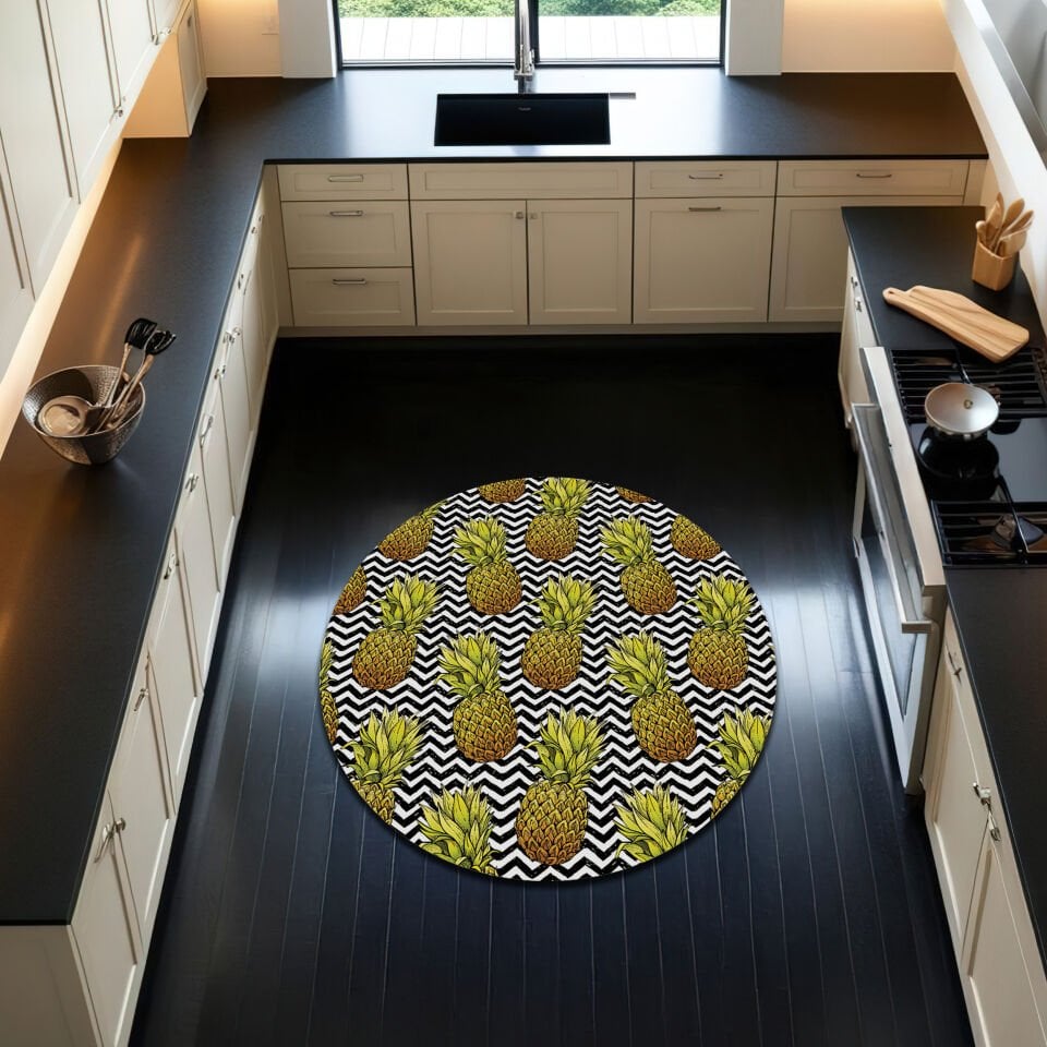 Tropical Pineapple Kitchen Rug – Bold Black & White Zigzag Pattern