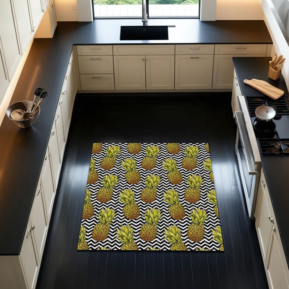 Tropical Pineapple Kitchen Rug – Bold Black & White Zigzag Pattern