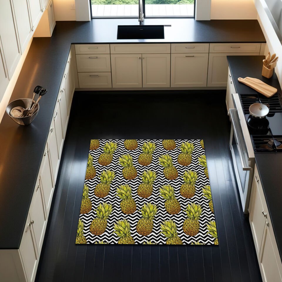 Tropical Pineapple Kitchen Rug – Bold Black & White Zigzag Pattern