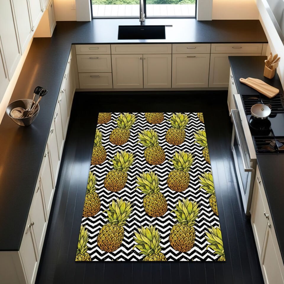 Tropical Pineapple Kitchen Rug – Bold Black & White Zigzag Pattern