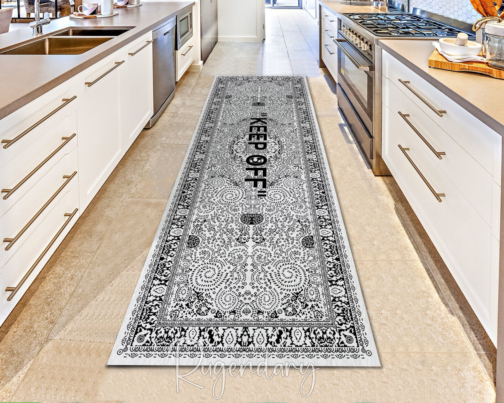 Modern White & Black Runner Rug with “KEEP OFF” Quote – Stylish Hallway Carpet