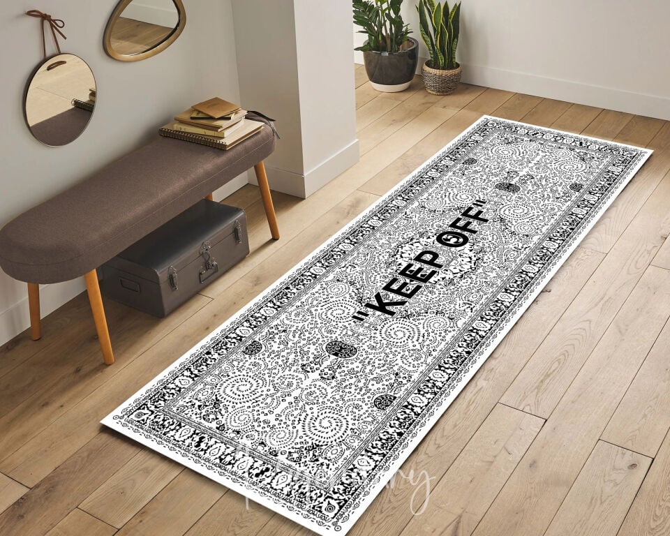 Modern White & Black Runner Rug with “KEEP OFF” Quote – Stylish Hallway Carpet