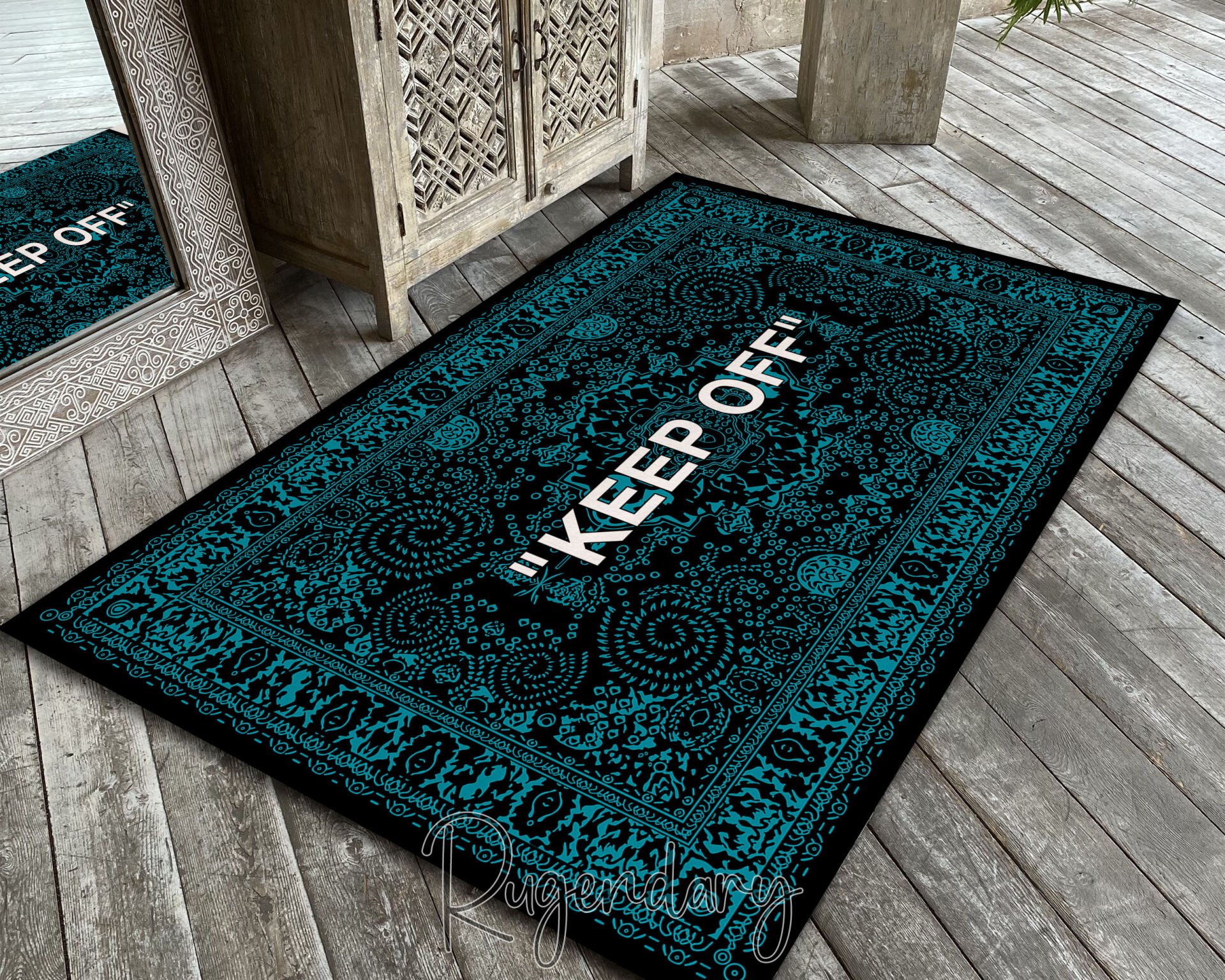 Modern Black & Teal Area Rug with “KEEP OFF” Quote – Bold Living Room & Bedroom Statement