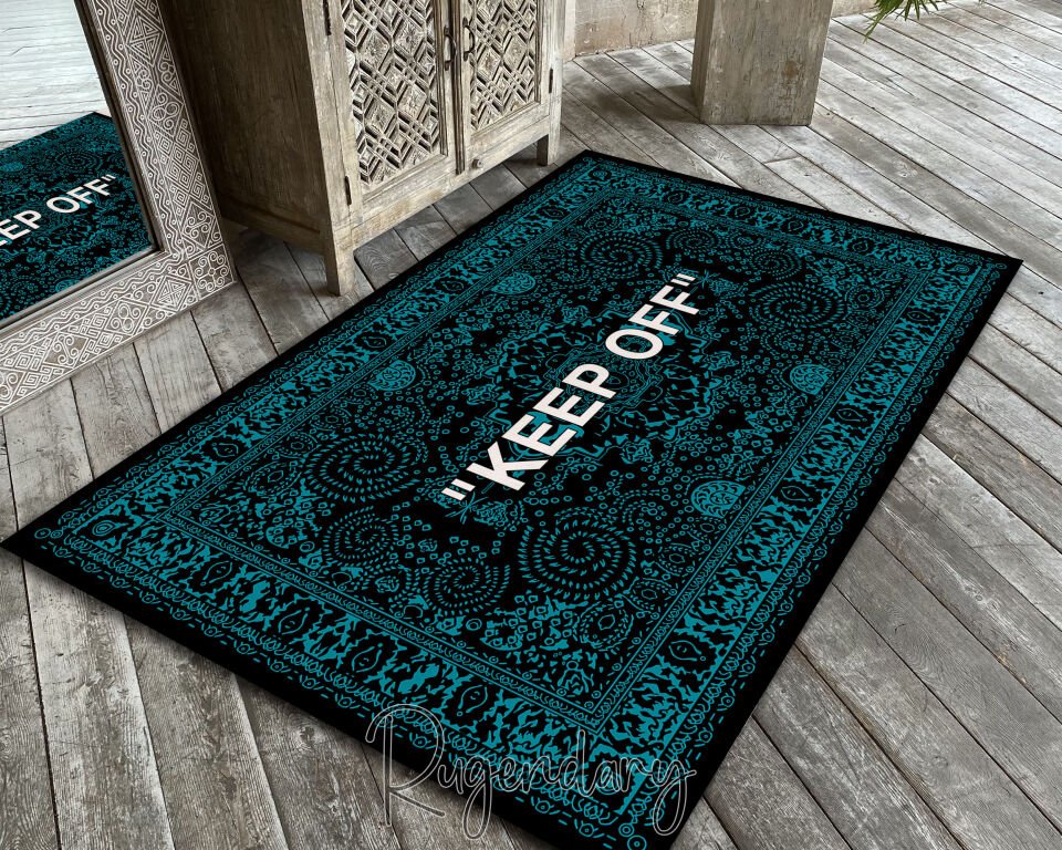 Modern Black & Teal Area Rug with “KEEP OFF” Quote – Bold Living Room & Bedroom Statement