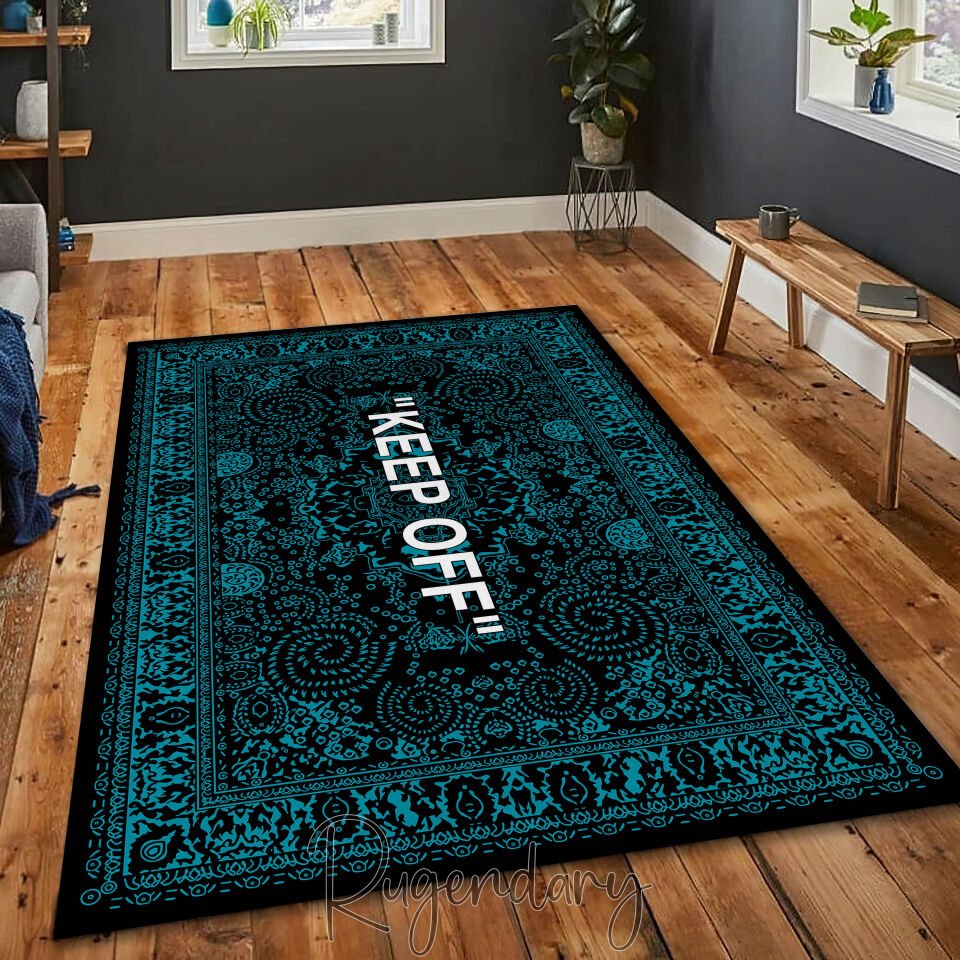 Modern Black & Teal Area Rug with “KEEP OFF” Quote – Bold Living Room & Bedroom Statement