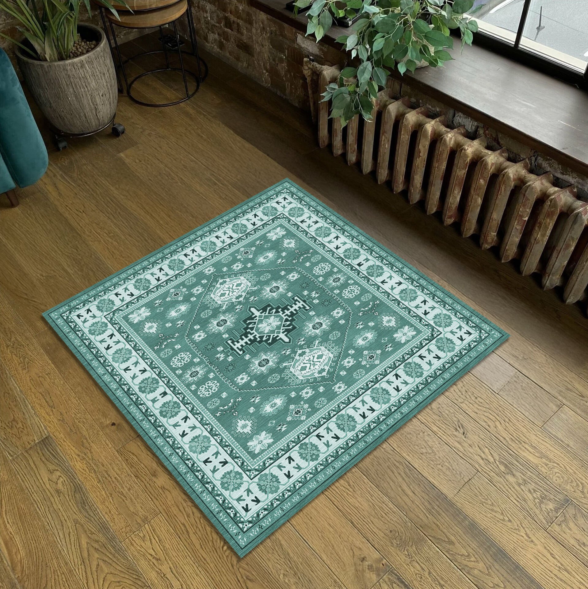 Geometric Tribal Square Rug Green Ethnic Pattern Carpet for Living Room