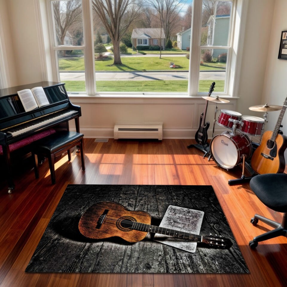 Rustic Acoustic Guitar Rug – Vintage Wooden Floor Music Room Carpet