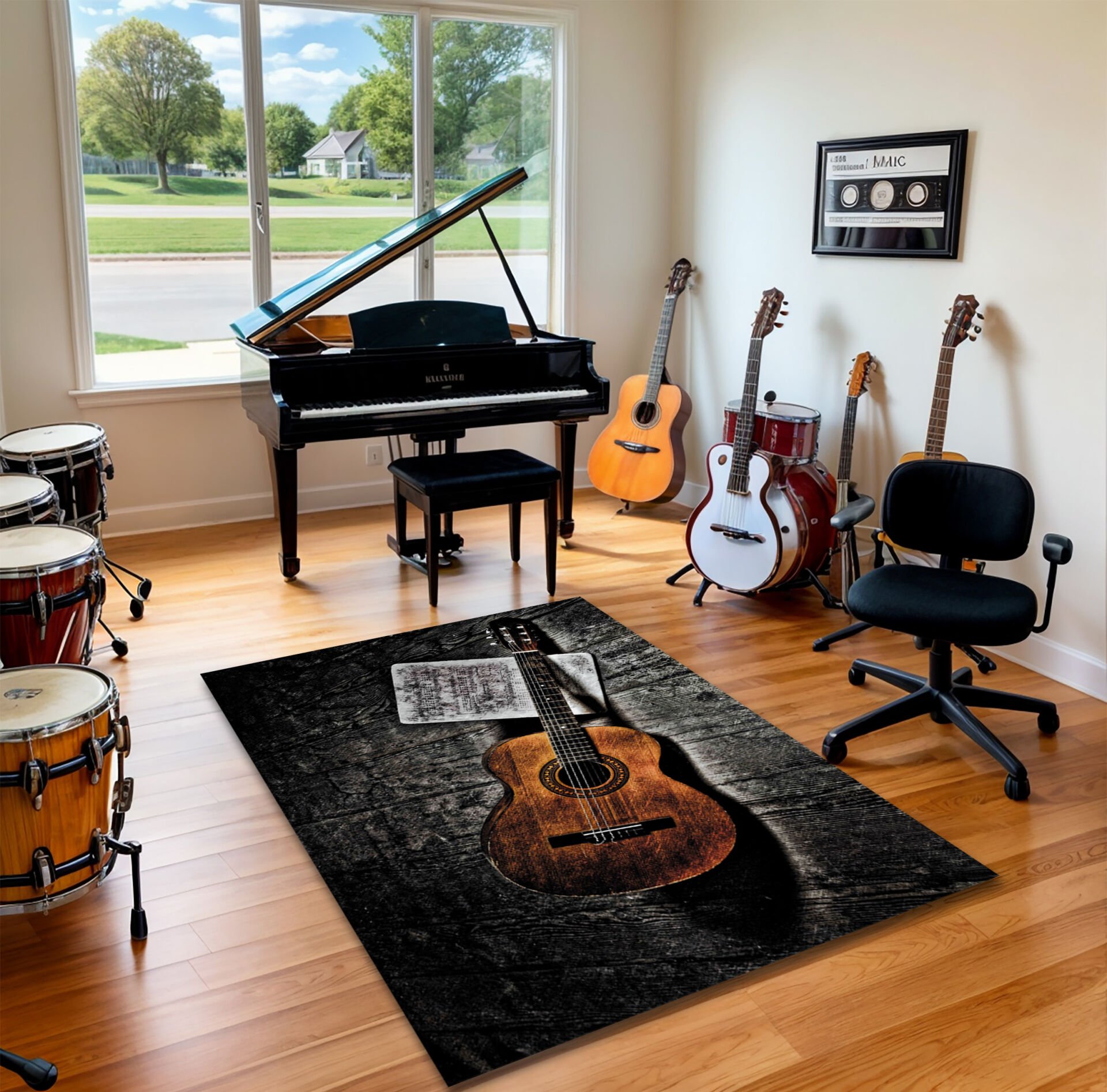 Rustic Acoustic Guitar Rug – Vintage Wooden Floor Music Room Carpet