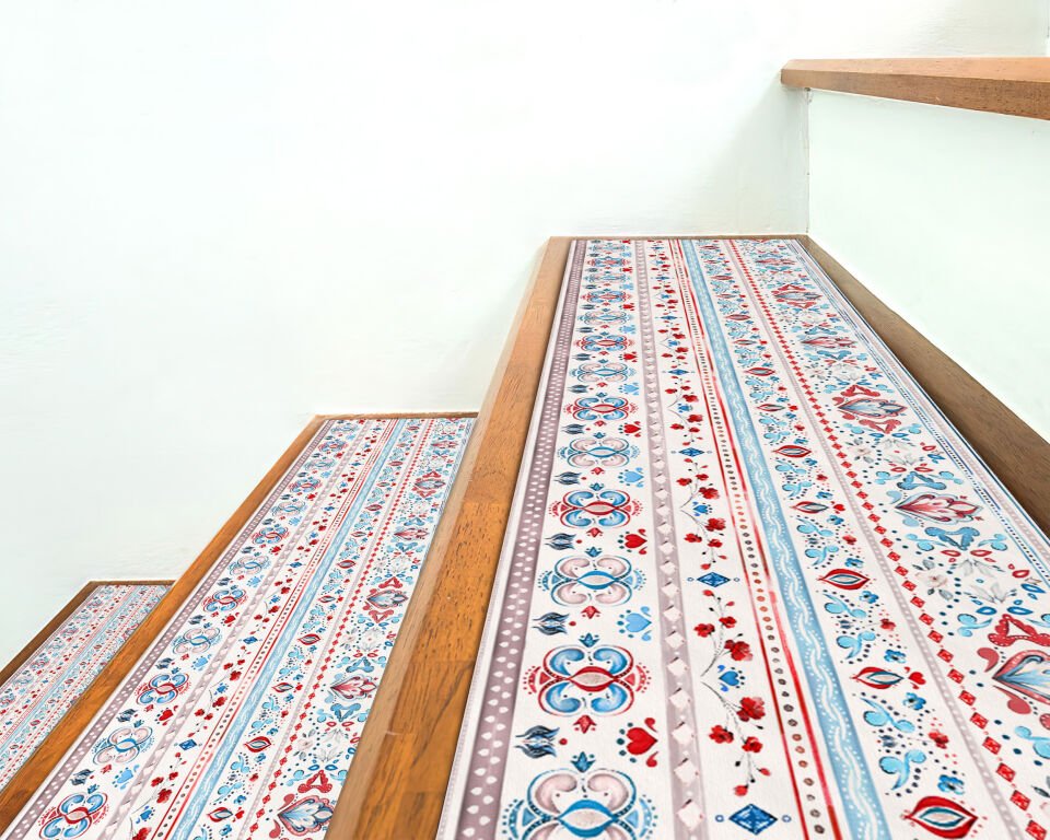 Scandinavian Folk Art Stair Treads – Blue & Red Patterned Stair Mats